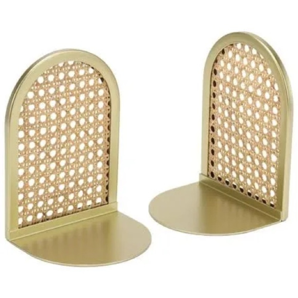 NWT Home Decor Collection Gold and Natural Rattan Decorative Tabletop Bookends